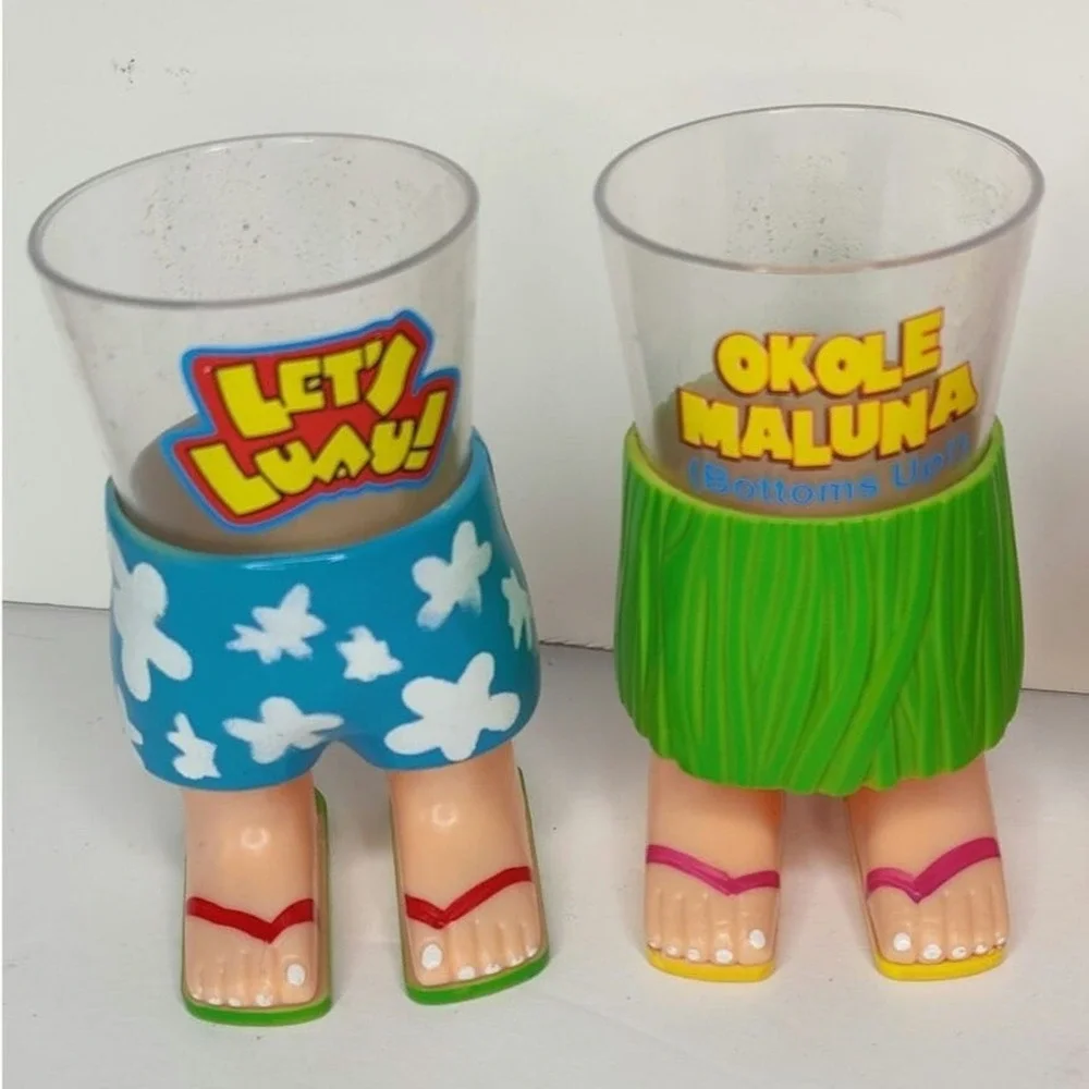 Aloha Hawaiian Hula Girl and Board‎ Shorts Plastic Shot Glasses His and Hers Set